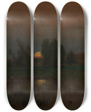 Triptych art skateboard deck of George Inness Moonrise_1 by George Inness (1825-1894)