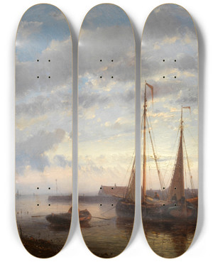 Triptych art skateboard deck of Abraham Hulk Fishermen At Sunset by Abraham Hulk (1813-1897)