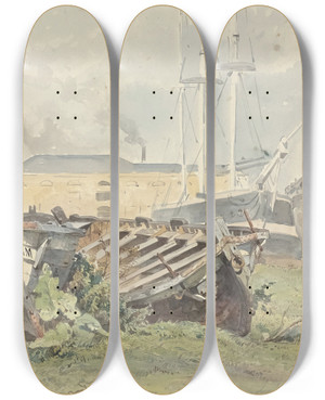 Triptych art skateboard deck of Willem Anthonie Van Deventer Scheepswerf by Willem Anthonie Van Deventer (1824-1893)