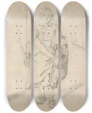 Triptych art skateboard deck of Antoon Sallaert Study Of Figures An Old Man Holding A Hat And Facing Forwards And A Young Man Holding A Torch And A Hat by Antoon Sallaert (1594-1650)