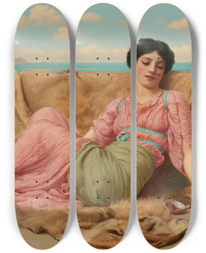 Triptych art skateboard deck of John William Godward The Quiet Pet by John William Godward (1861-1922)
