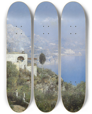 Triptych art skateboard deck of Edmund Berninger A View Of Capri by Edmund Berninger (1843-1910)