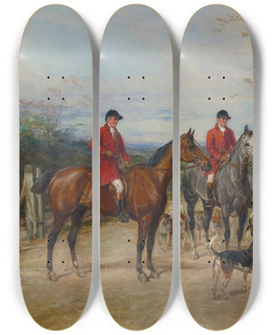 Triptych art skateboard deck of Heywood Hardy After The Hunt by Heywood Hardy (1842-1933)