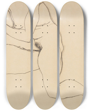 Triptych art skateboard deck of Egon Schiele Sitzendes Mdchen Mit Ausgestrecktem Arm Und Bein by Egon Schiele (1890-1918)