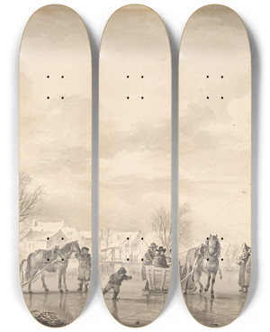 Triptych art skateboard deck of Andries Vermeulen Winter Landscape With Skaters And Horsedrawn Sledges On The Ice A Village Below by Andries Vermeulen (1793-1814)