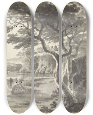 Triptych art skateboard deck of Roelant Roghman Waldlandschaft Mit Wasserfall by Roelant Roghman (1627-1692)