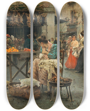 Triptych art skateboard deck of Vincenzo Caprile A Market Scene In Naples by Vincenzo Caprile (1856-1936)