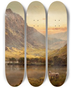 Triptych art skateboard deck of Alfred De Branski In North Wales by Alfred De Breanski (1852-1928)