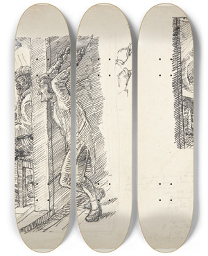 Triptych art skateboard deck of Peter Hansen To Udkast Til Prsten Hans Madsen Der Ophngt Ved Tommelfingrene Lytter Til Fjendens Rdslagning by Peter Hansen (1868-1928)