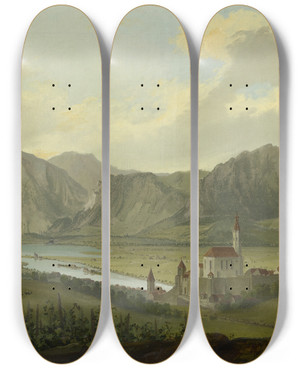 Triptych art skateboard deck of Caspar Wolf Blick Auf Thun Mit Stockhornkette Und Niesen by Caspar Wolf (1735-1783)