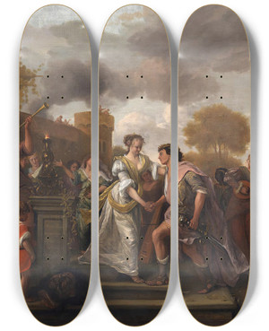 Triptych art skateboard deck of Jan Steen David Returning Victorious After Defeating Goliath And The Philistines by Jan Steen (1626-1679)