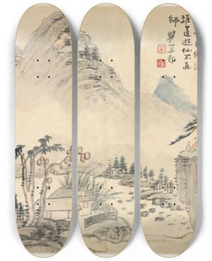 Triptych art skateboard deck of Mei Qing Landscapes In Various Styles After Old Masters 3 by Mei Qing (1623-1697)