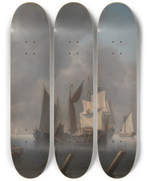 Triptych art skateboard deck of Charles Martin Powell Warships Lying Offshore The Commanding Admiral Being Rowed Out To Join The Flagship Her Sails Illu by Charles Martin Powell (1775-1824)