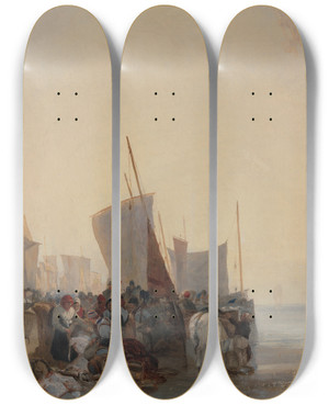 Triptych art skateboard deck of Richard Parkes Bonington A Fishmarket Near Boulogne by Richard Parkes Bonington (1802-1828)