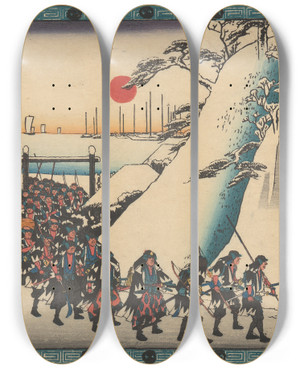 Triptych art skateboard deck of And Hiroshige Army Rounding Hill In Snow by Ando Hiroshige (1797-1858)