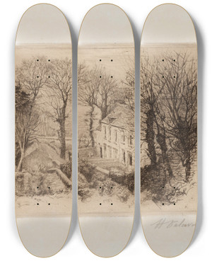 Triptych art skateboard deck of Henri Delavalle Maison De Pcheurs by Henri Delavallee (1862-1943)