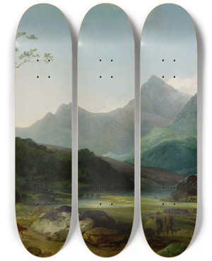 Triptych art skateboard deck of Philip James De Loutherbourg Snowdon From Capel Curig by Philip James De Loutherbourg (1740-1812)