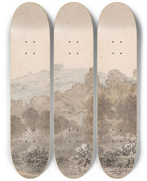 Triptych art skateboard deck of Anthony Devis Landscape With Stream In Foreground by Anthony Devis (1729-1816)