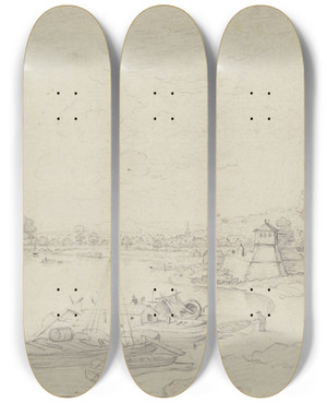 Triptych art skateboard deck of Franz Schtz Der Main Bei Sachsenhausen Rechts Die Stadtmauer Im Vordergrund Boote by Franz Schutz (1751-1781)