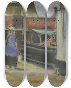 Triptych art skateboard deck of Wilhelm Gutmann Hof In Katwijk Mit Einer Frau by Wilhelm Gutmann (1877-1948)