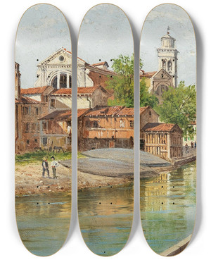 Triptych art skateboard deck of Antonietta Brandeis Saint Trovaso Venice by Antonietta Brandeis (1848-1926)