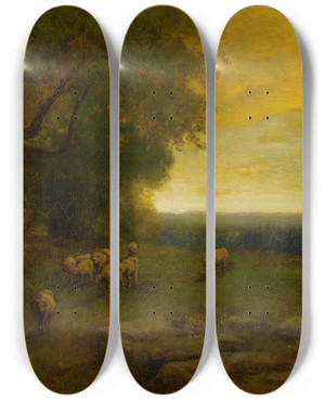 Triptych art skateboard deck of George Inness Shepherd And Flock At Sunset by George Inness (1825-1894)