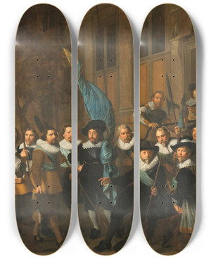 Triptych art skateboard deck of Nicolaes Eliasz Pickenoy Officers And Other Civic Guardsmen Of The Ivth District Of Amsterdam Under The Command Of Captain Jan Claesz Van Vlooswijck And Lieutenant Gerrit Hudde by Nicolaes Eliasz Pickenoy (1588-1654)