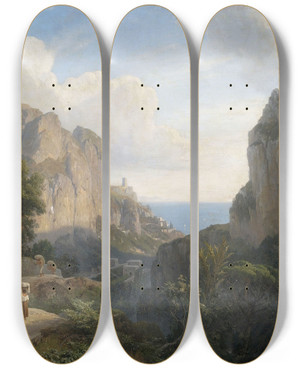 Triptych art skateboard deck of Carl Maria Nicolaus Hummel Das Mhlental Bei Amalfi by Carl Maria Nicolaus Hummel (1821-1907)