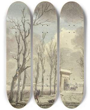 Triptych art skateboard deck of Hermanus Numan Stadttor Mit Trmchen Im Winter Eine Lange Brcke Fhrt Ber Den Kanal Nach Einer Allee by Hermanus Numan (1744-1820)