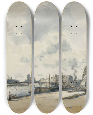 Triptych art skateboard deck of Frank Myers Boggs Les Bords De La Seine Et Le Pont De Sully by Frank Myers Boggs (1855-1926)