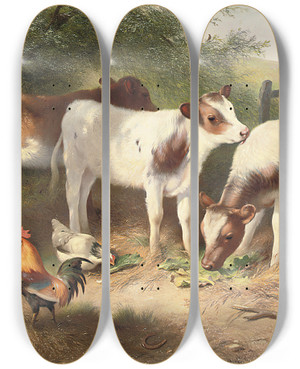 Triptych art skateboard deck of Walter Hunt Farmyard Friends by Walter Hunt (1861-1941)
