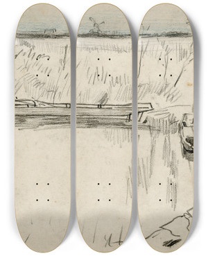 Triptych art skateboard deck of Adolf Le Comte Meer Met Roeiboot En Poes by Adolf Le Comte (1850-1921)
