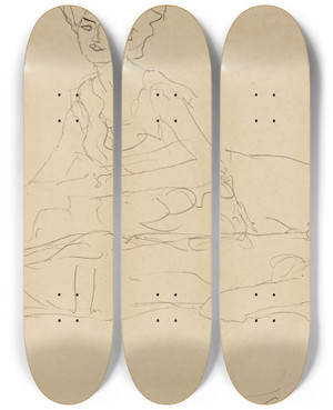 Triptych art skateboard deck of Gustav Klimt Studie Zweier Frauen Study Of Two Women by Gustav Klimt (1862-1918)
