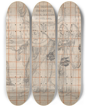 Triptych art skateboard deck of Hubertfranois Gravelot Design For An Engraving Parlement De Paris Reassembling With Figure Of Justice by Hubert-Franois Gravelot (1699-1773)