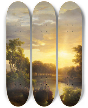 Triptych art skateboard deck of Kroly Mark Italian Landscapes At Sunset Fishermen by Karoly Marko (1791-1860)