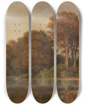 Triptych art skateboard deck of Louis Gurlitt Sommerlandschaft Mit Seeufer by Louis Gurlitt (1812-1897)
