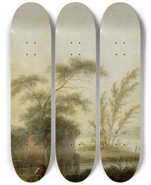 Triptych art skateboard deck of Jan Ciso Landscape Fishermen At The Rivulet by Jan Scislo (1729-1804)
