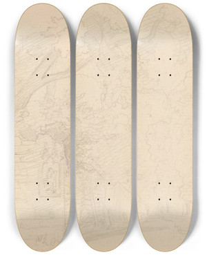 Triptych art skateboard deck of Hans Gude Gate Med Trr Og Hagemur by Hans Gude (1825-1903)