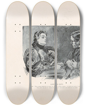 Triptych art skateboard deck of Charles Dana Gibson Love And Duty_1 by Charles Dana Gibson (1867-1944)
