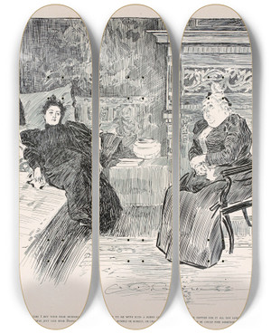 Triptych art skateboard deck of Charles Dana Gibson Sympathetic Plain Friend To Inconsolable Widow by Charles Dana Gibson (1867-1944)