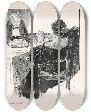 Triptych art skateboard deck of Charles Dana Gibson What Does He Want_1 by Charles Dana Gibson (1867-1944)