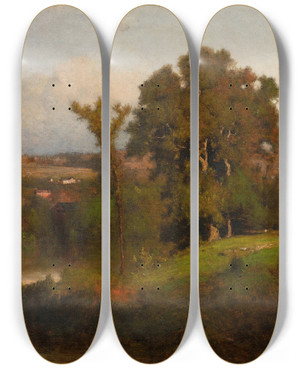 Triptych art skateboard deck of George Inness Autumn Near Marshfield by George Inness (1825-1894)