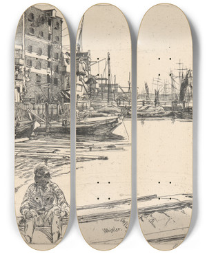 Triptych art skateboard deck of James Abbott Mcneill Whistler Eagle Wharf by James Abbott Mcneill Whistler (1834-1903)