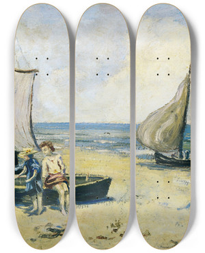 Triptych art skateboard deck of Louis Michel Eilshemius Children On The Beach by Louis Michel Eilshemius (1864-1941)