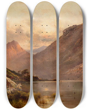 Triptych art skateboard deck of Alfred De Branski The Head Of Loch Awe Scotland by Alfred De Breanski (1852-1928)