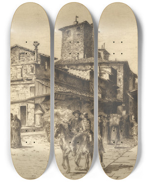 Triptych art skateboard deck of William Brassey Hole On The Ponte Vecchio Florence by William Brassey Hole (1846-1917)
