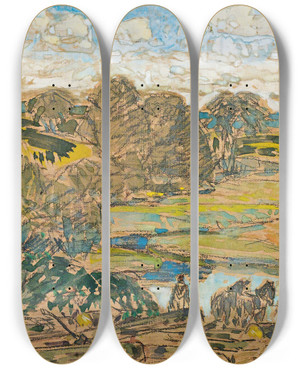 Triptych art skateboard deck of Childe Hassam Extensive Landscape With River by Childe Hassam (1859-1935)