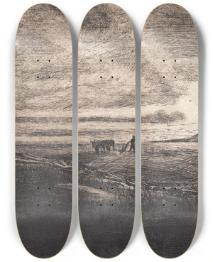 Triptych art skateboard deck of Hans Nikolaj Hansen Bonden Gaar Paa Marken Ud by Hans Nikolaj Hansen (1853-1923)