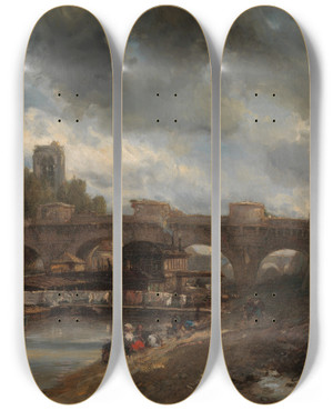 Triptych art skateboard deck of Johan Barthold Jongkind The Pont Neuf by Johan Barthold Jongkind (1819-1891)