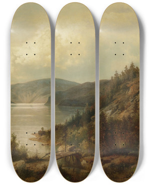 Triptych art skateboard deck of Hermann Ottomar Herzog The Old Bridge by Hermann Ottomar Herzog (1831-1932)